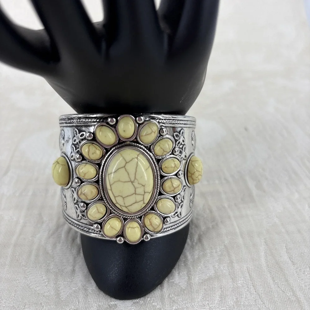 Howlite Flower Cuff Bracelet Western Boho Yellow